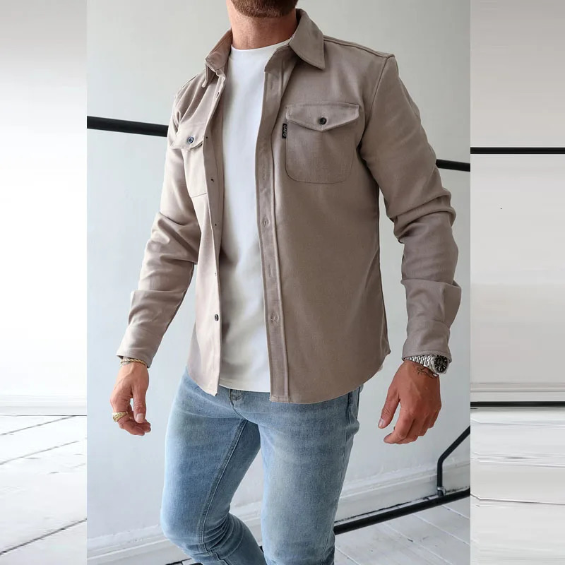 wool top mens spring autumn casual long sleeved button up collar cargo shirt trend clothing solid 241209