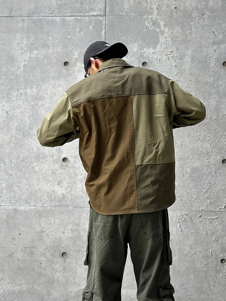 Retro style shirt mens springsummer casual jacket colorful block collar loose long sleeved top Japanese cardigan 241209