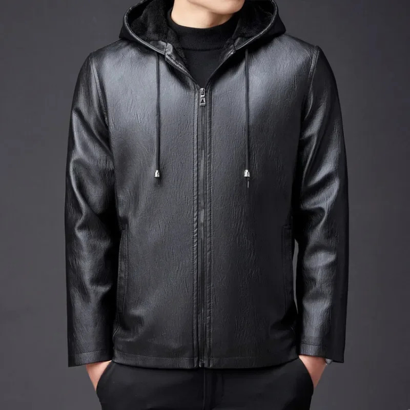 Winter highend mens hooded leather jacket waterproof and windproof plush insulated clothing 241209