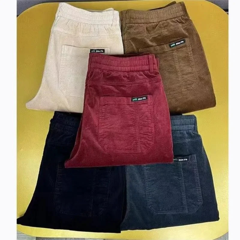 Corduroy Cargo Trousers Mens Simple Loose American Retro Casual Elastic Work Splicing Multiple Pockets Rib Leg Jogging Pants 241209