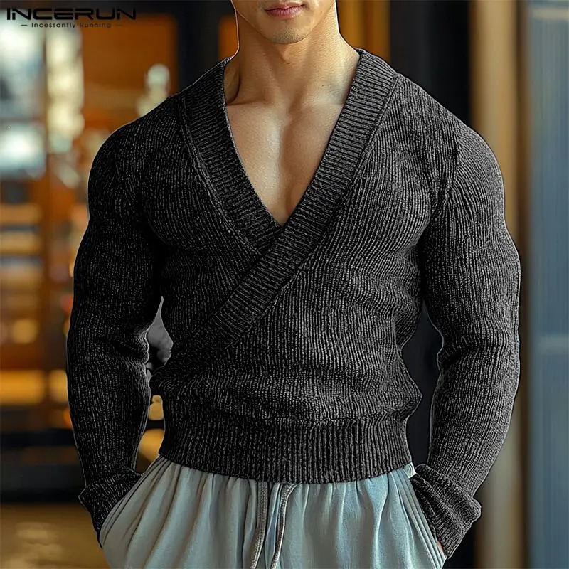 INCERUN Men Sweaters Solid Color Knitted V Neck Long Sleeve Casual Clothing Streetwear Fashion Male Pullovers S5XL 241209