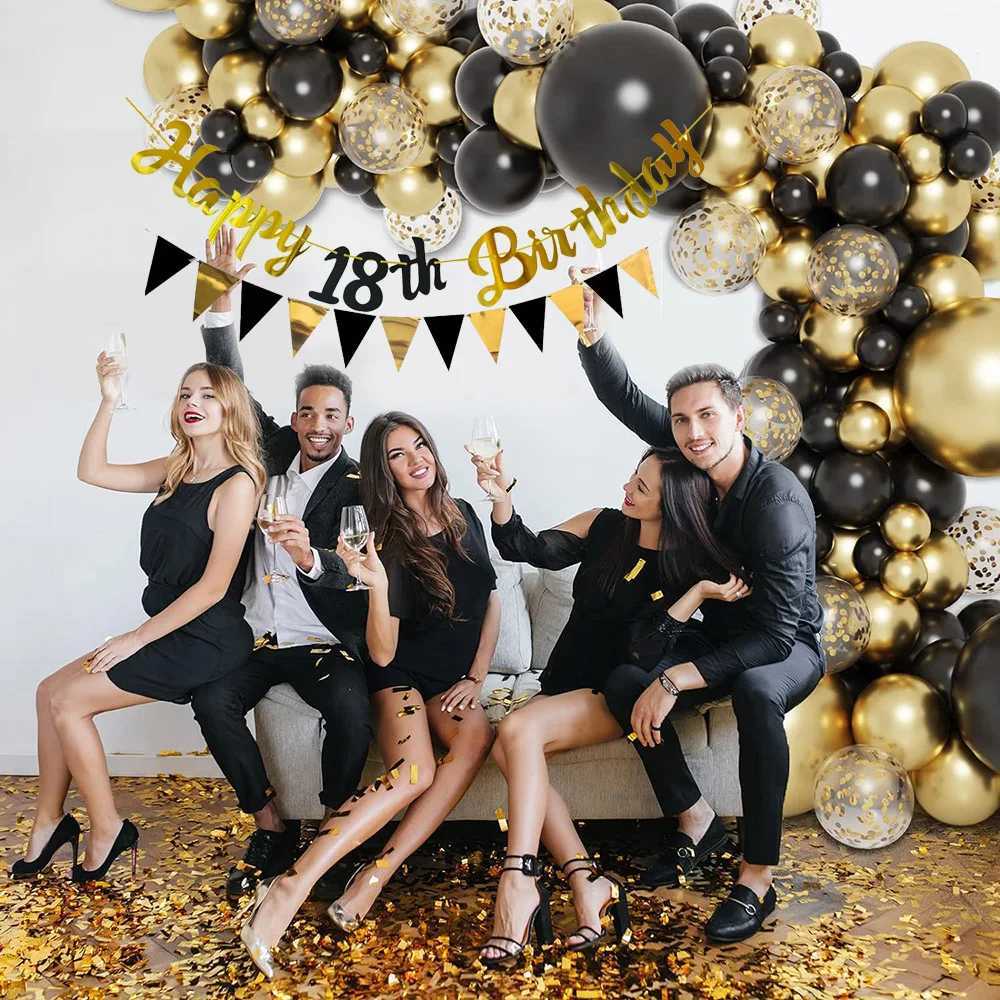 Banners Streamers Confetti Happy Birthday Decoration Banner Black and Gold Happy 18th 30th 40th 50th 60th Birthday Banner Sign Party Decorations Suppl