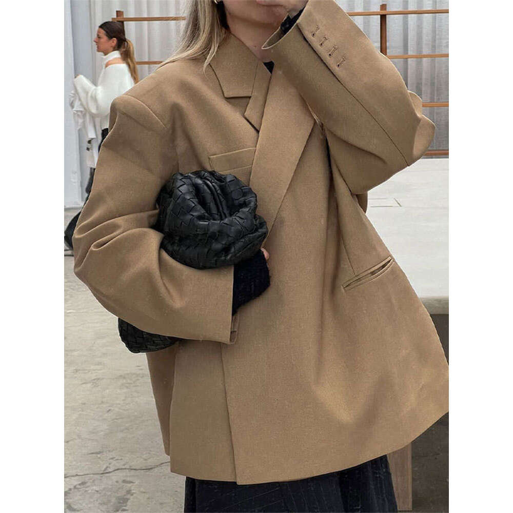Chic Gray Lapel Button Suit Jacket For Women Elegant Loose Long Sleeves Office Coat New Female High Streetwear Outercoat