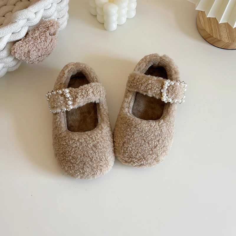 Girls Flat Shoes for Winter Solid Color Buckle Fluffy Children Mary Janes Cover Toe Leisure Beautiful Toddler Kids Shoe 21-35XJ241209
