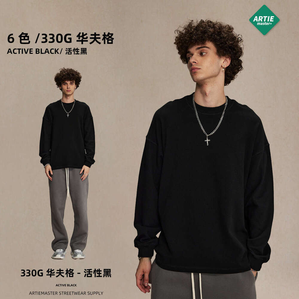2024 Autumn/Winter New Product Breathable Waffle 330g Round Neck T-shirt Men's American Trendy Brand Loose Casual Long Sleeve T