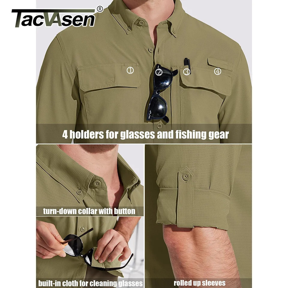 TACVASEN UPF 50Sunscreen Fishing Shirt Mens Quick Drying Long Sleeve Mesh Breathable Hiking Work Cargo 241209