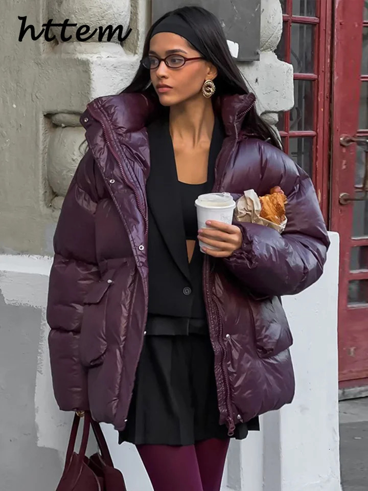 Street Womens Burgundy Hooded Quilted Coat Loose Stand Collar Zipper Full Sleeve Jacket Winter Lady Thicken Outerwear 241209