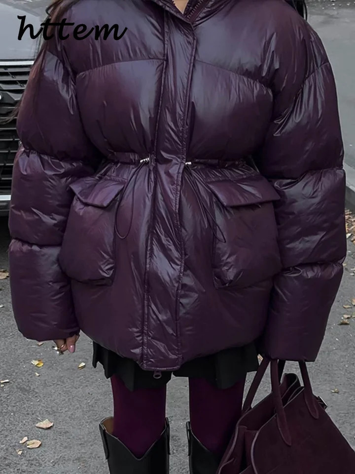 Street Womens Burgundy Hooded Quilted Coat Loose Stand Collar Zipper Full Sleeve Jacket Winter Lady Thicken Outerwear 241209