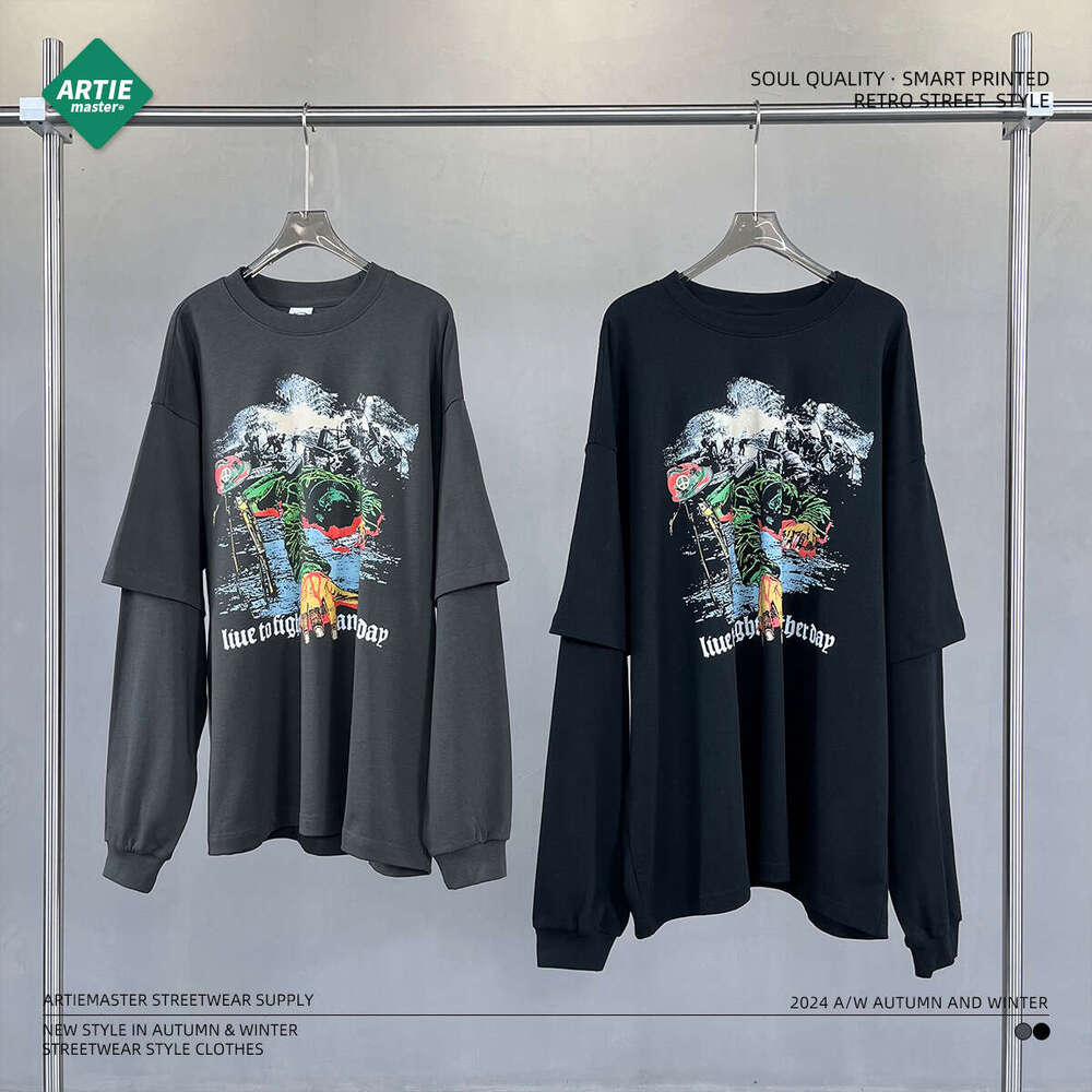 2024 Autumn/Winter New Trendy Brand Men's 305G Fake Two Piece Splicing White Ink Digital Direct Spray Printed Long Sleeve Base for Men