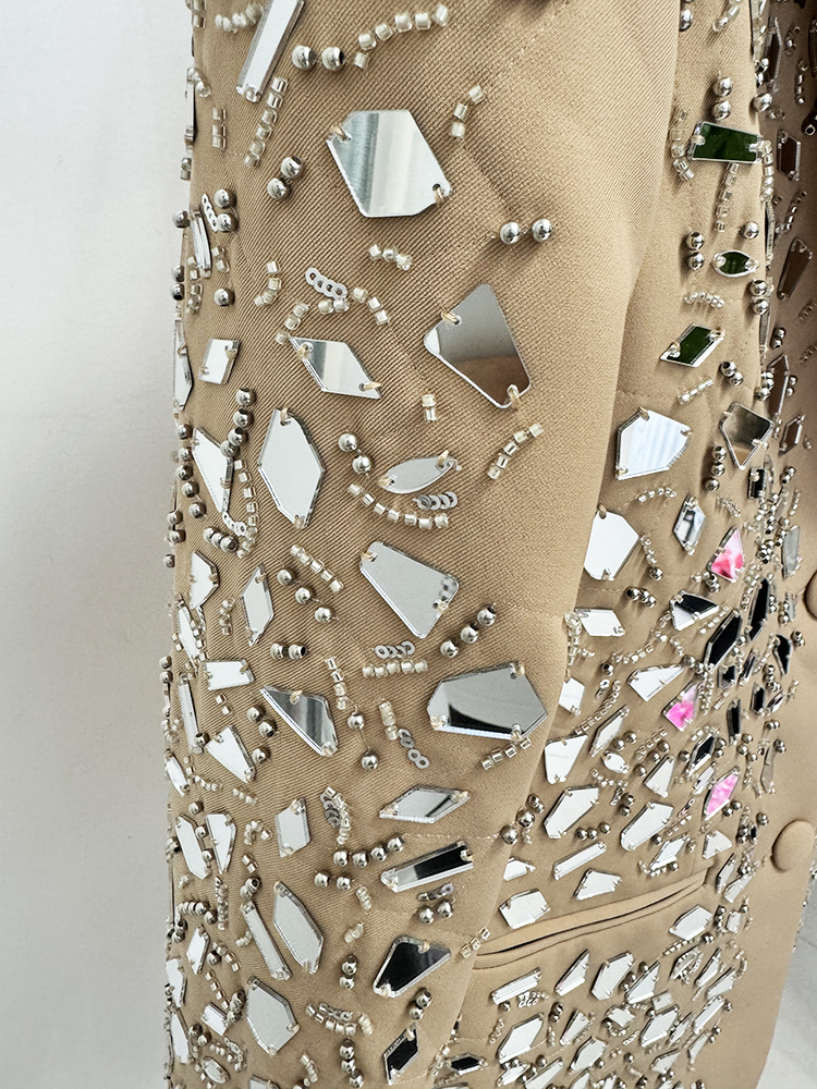 HIGH STREET Newest Fashion 2024 Designer Runway Suit Women's Stunning Beaded Mirror Blazer Shorts Set 2Pcs