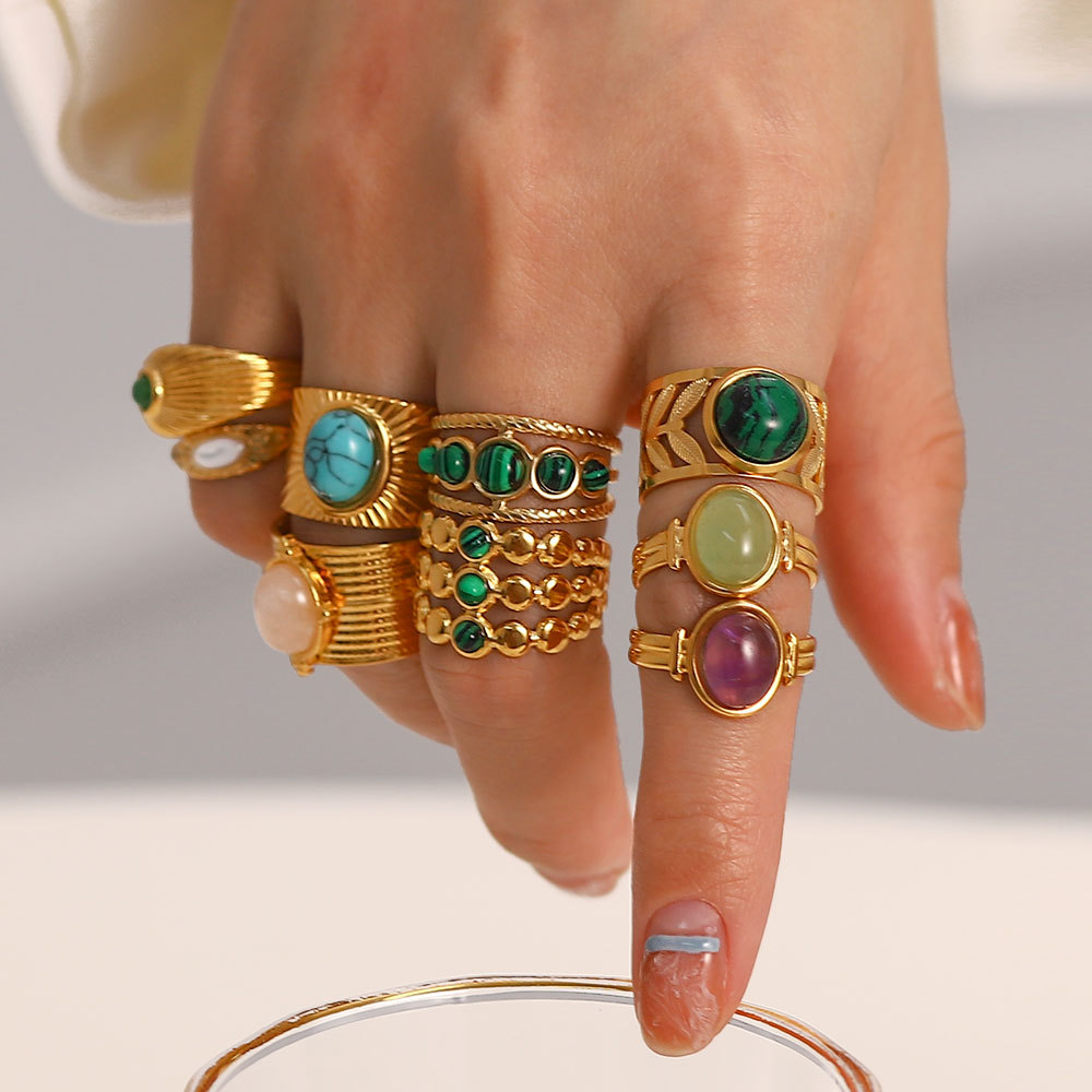 Three Layer Green Turquoise Tiger Eyes Stone Stainless Steel Open Ring for Women Exquisite and Fashionable Plated 18k Gold Non Fading Jewelry