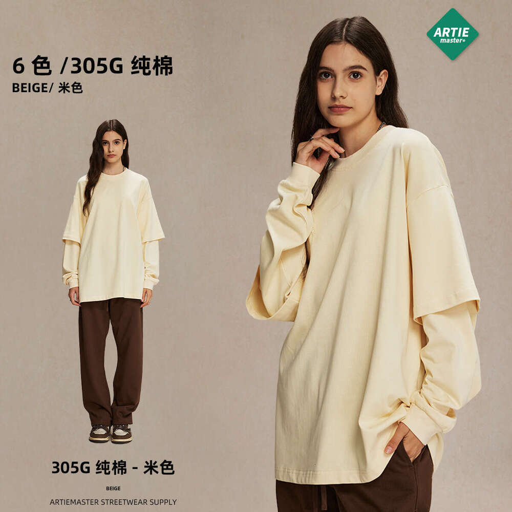 2024 Autumn New Trendy Brand Wear Fake Two piece Long sleeved T-shirt Men's Loose Casual Bottom Shirt