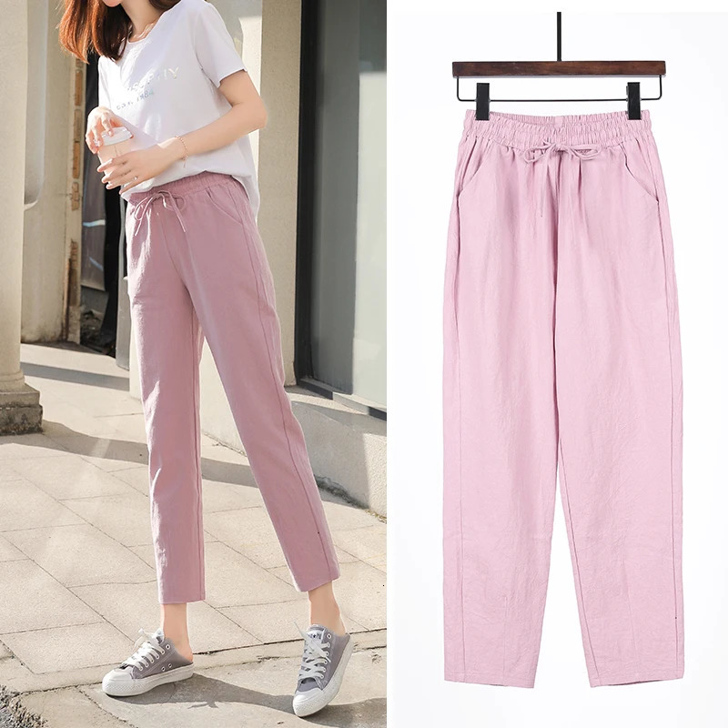 Womens Spring Summer Pants Cotton Linen Solid Elastic waist Candy Colors Harem Trousers Casual Female 241203