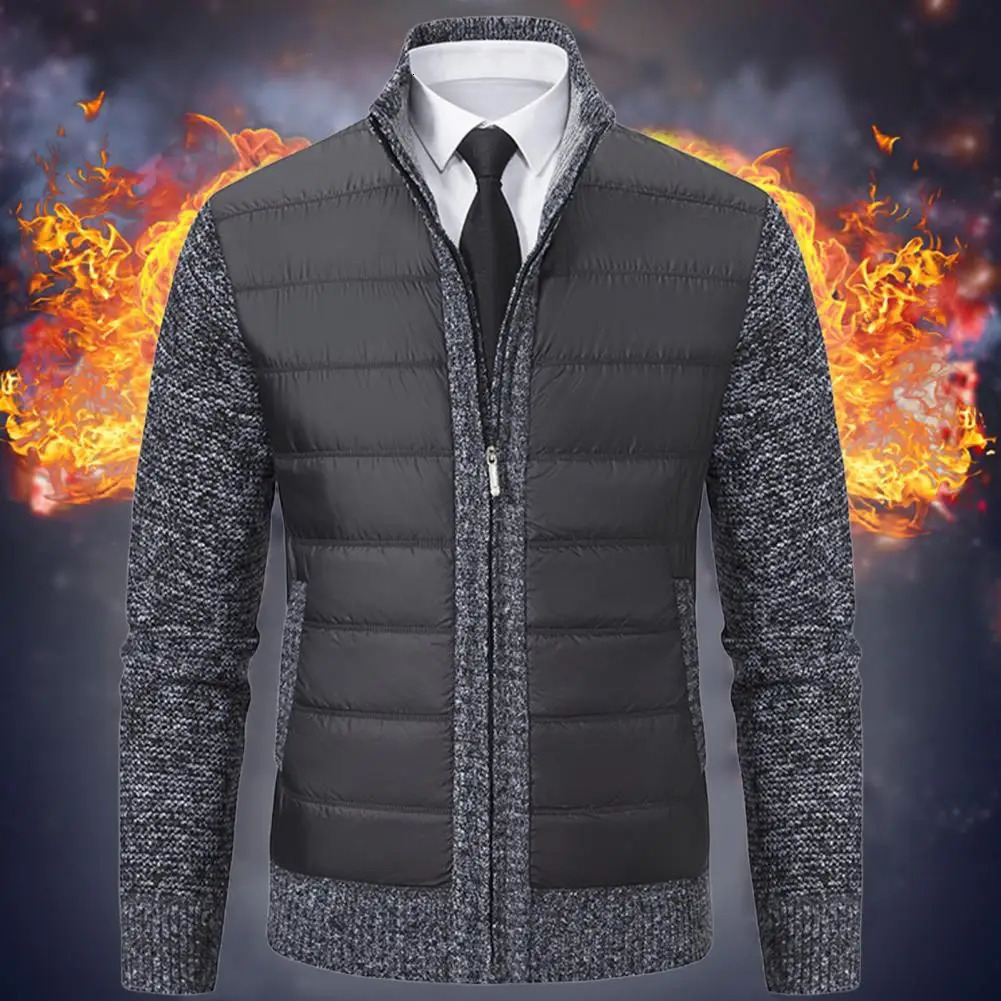Men Spliced Cardigan Mens Thickened Knitted Sweater Coat with Pockets Warm Zipup Plush Jacket for Fall Winter Stylish Stand 241202