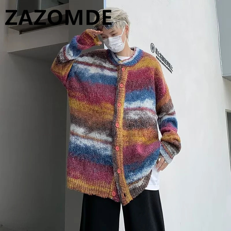 ZAZOMDE winter punk knit sweater mens striped er oversized Harajuku streetwear sweater autumn hip-hop cardigan 241205