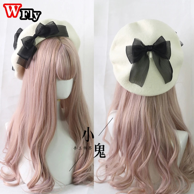 Japanese Harajuku Womens Lace Bow Beret Sweet Lolita Wool Beret Beanie Artist Hat Womens Winter Warm Hat 241209