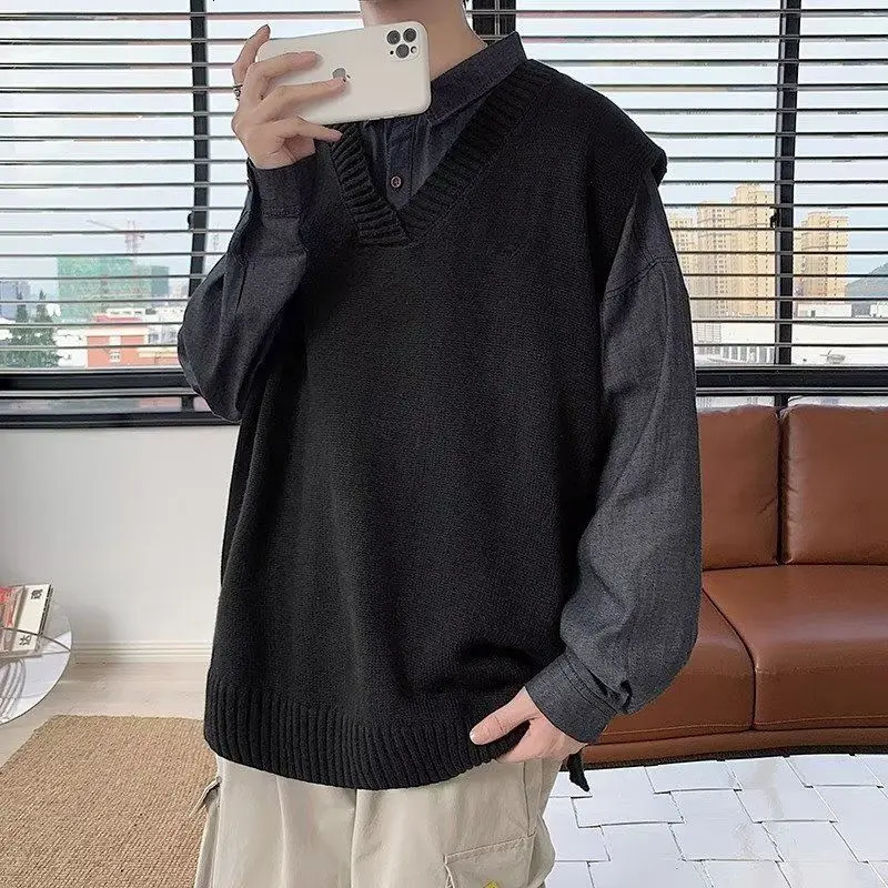 V Neck Waistcoat Black Knit Vests for Men Jumpers Loose Sweater Man Knitwear Korean Reviews Clothes Style Harajuku Casual In 241209