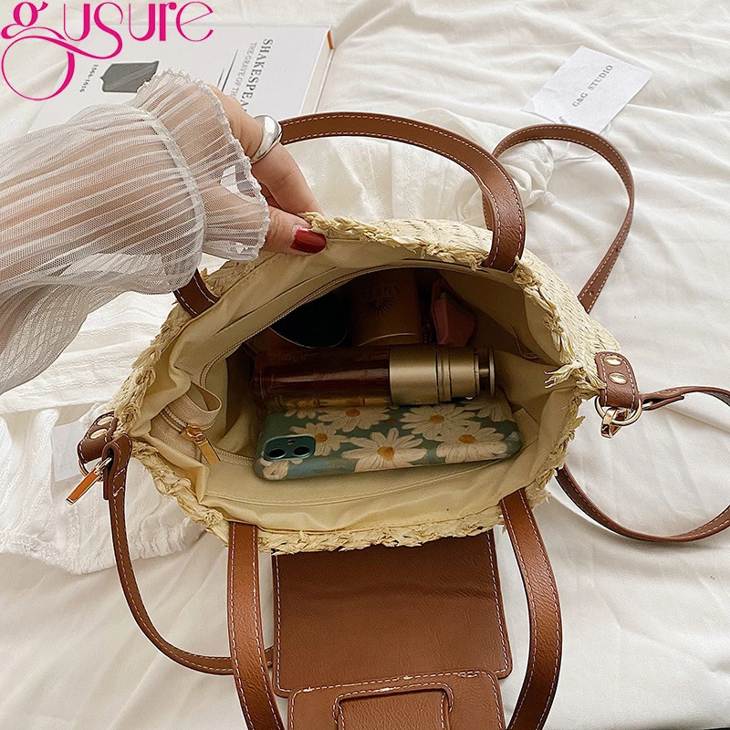 Gussure Bohemian summer straw bag simple Rattan shoulder cross body bag large capacity beach travel handbag 241205