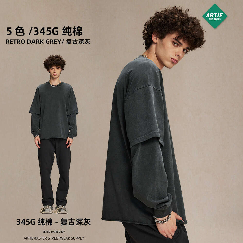 2024 Autumn Brand Retro Fake Two Piece Curled Edge Round Neck Long Sleeve T-shirt for Men, Doing Old, Dyeing, Washing, Street Trendy T