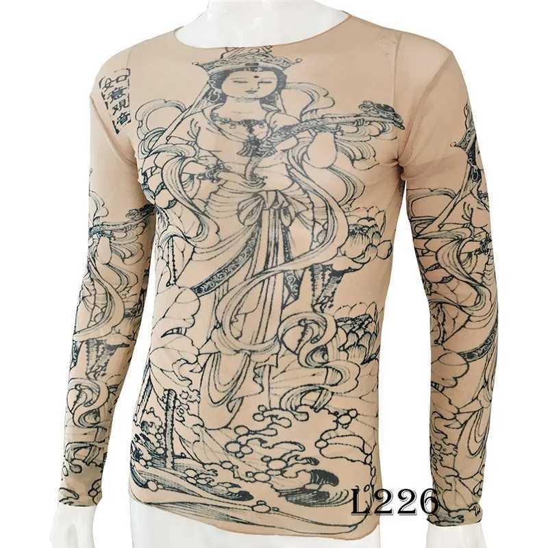 Interesting long sleeved fake tattoo T-shirt full print mens art shirt elastic slim fit pattern thin Halloween mens clothing W241210