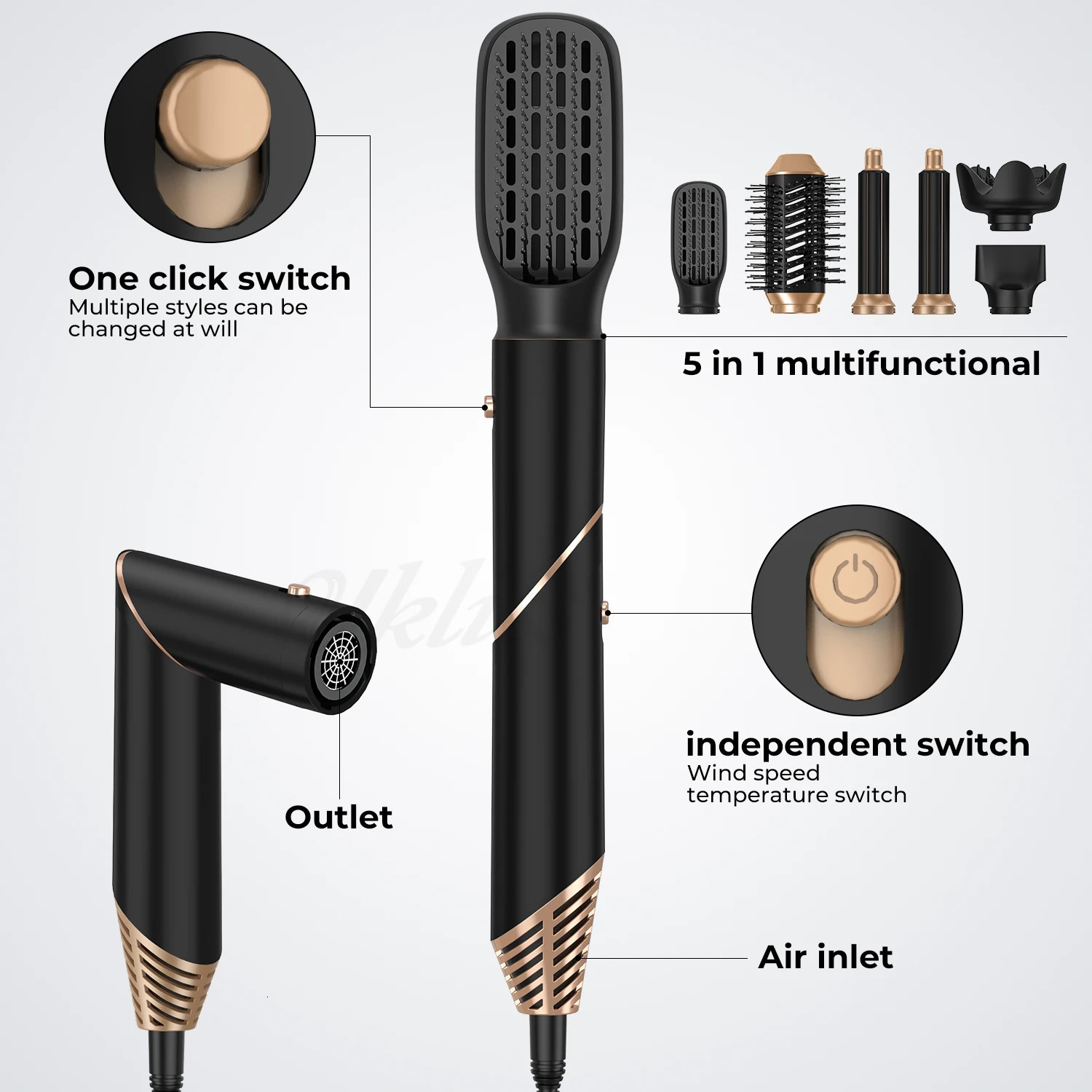 Folding 6 In 1 Hair Dryer Brush Negative Ionic Hair Blower Brush Salon Blow Dryer Air Curler Wand Ceramic Curling Iron Styler 241209