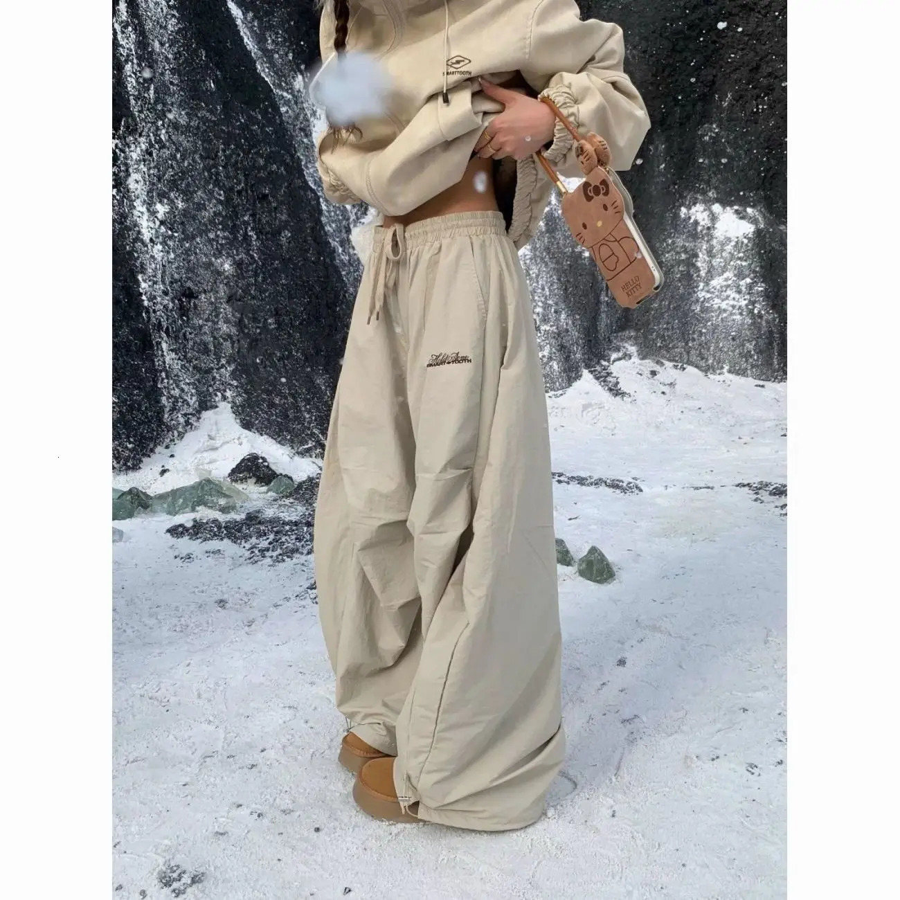 Hip Hop Winter Womens Warm Thick Bag Wide Leg Beige Snow Pants Oversized Y2K Suede Harajuku Sports Trouser 241209