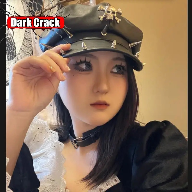 Womens Y2k Harajuku Gothic Punk Lolita Girl Original UK Fashion Edition Leather Style Rock Rivet Short Brim Beret 241209