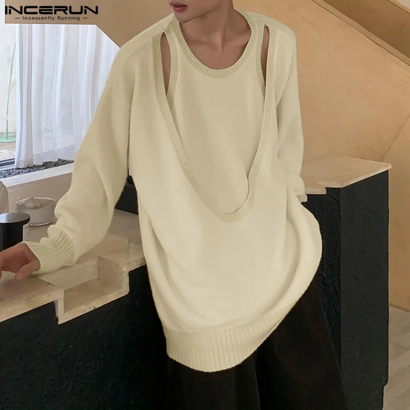 Men Sweaters Hollow Out Oneck Long Sleeve Irregular Pullovers Streetwear Solid Fashion Casual Clothing INCERUN S5XL 241209