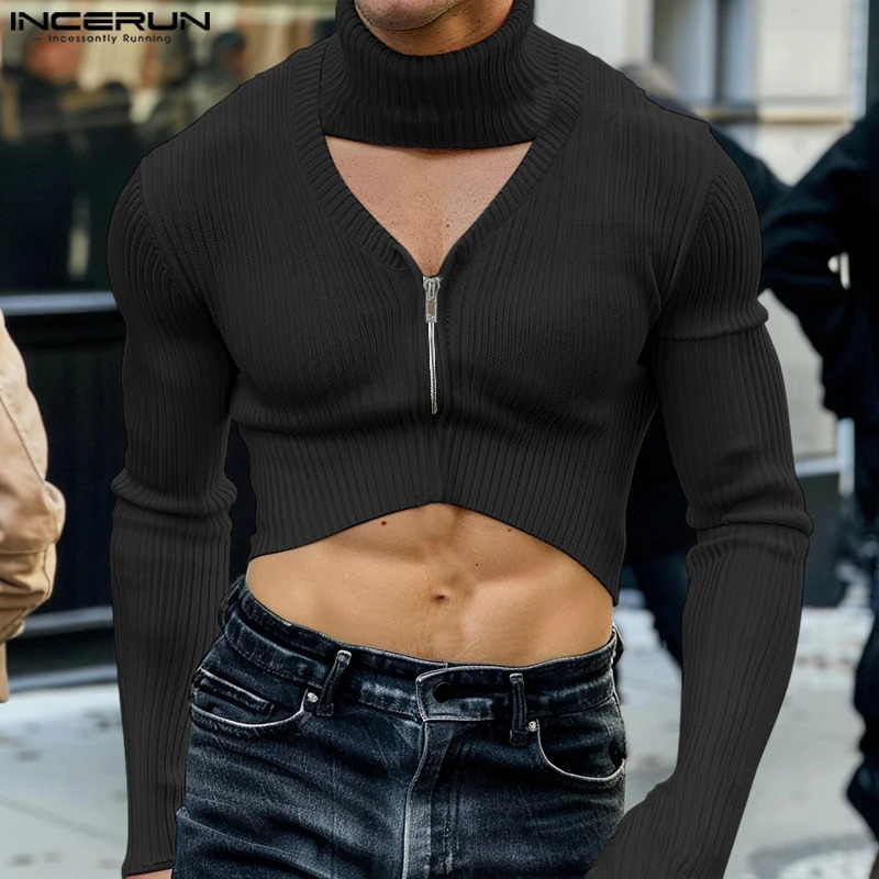 Stylish Well Fitting Tops INCERUN Mens Knitted Texture Cropped Pullovers Streetwear Solid Hollowed Zipper Long Sleeved Sweaters 241209