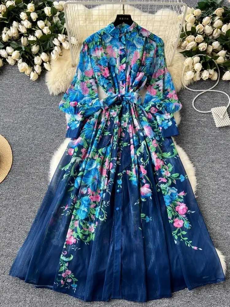 Summer bright silk chiffon gorgeous floral dress womens long light Sve belt loose print A-line robe Vestdos W241210