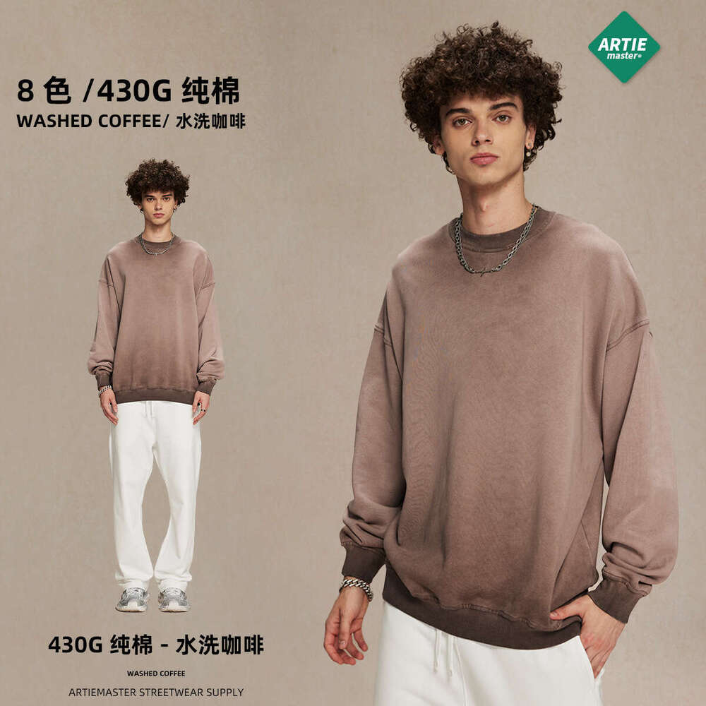 2024 New Product Heavy Weight 430g Reverse Bottom Stir Frying Color Doing Old Wash Water Wool Circle Neck Hoodie Trendy Men