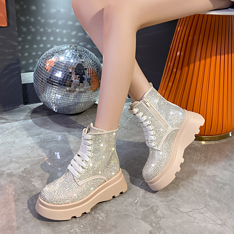2025 Spring Autumn Thick Bottom Crystal Boots Fashion Shining Crystal Motorcycle Boots Women's Luxury rhinestone Modern Boots Full Diamond Design