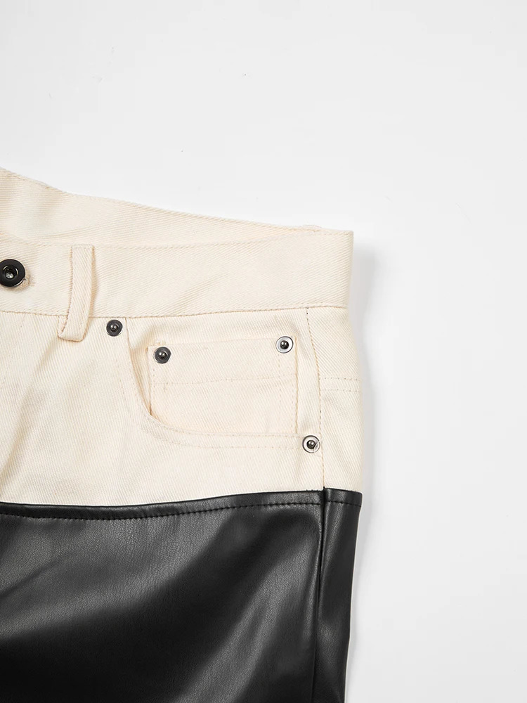 EAM High Waist Black Denim Pu Leather Colored Block Pants Loose Trouser Womens Fashion Trend Spring and Autumn 2024 1DF7700 241209