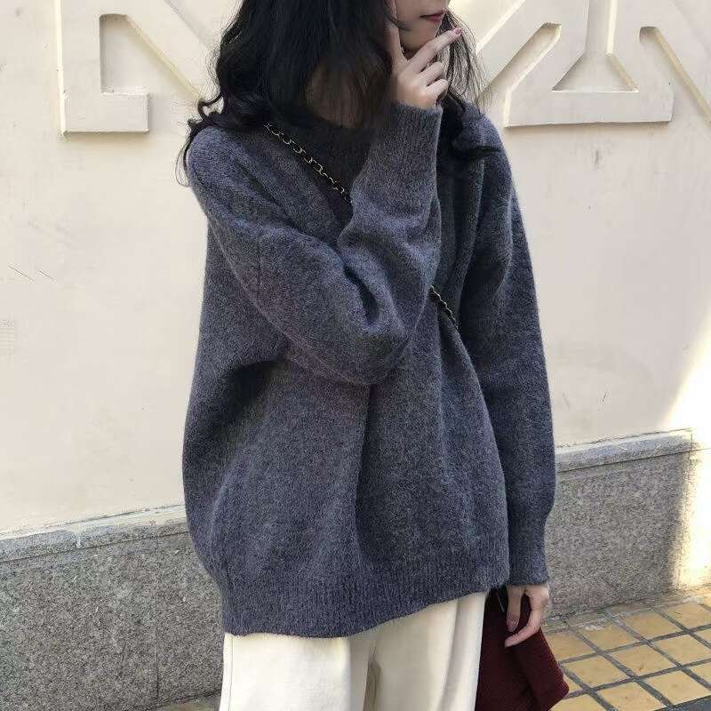 Solid color 2023 lazy style pullover autumn and winter new collection Korean loose round neck knitted sweater for women's outerwear trend