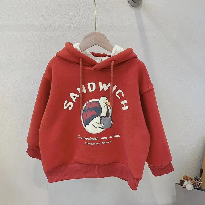 Boys hooded sweatshirt cotton top red warm thick velvet winter autumn toddler pulley baby chlorine 241210