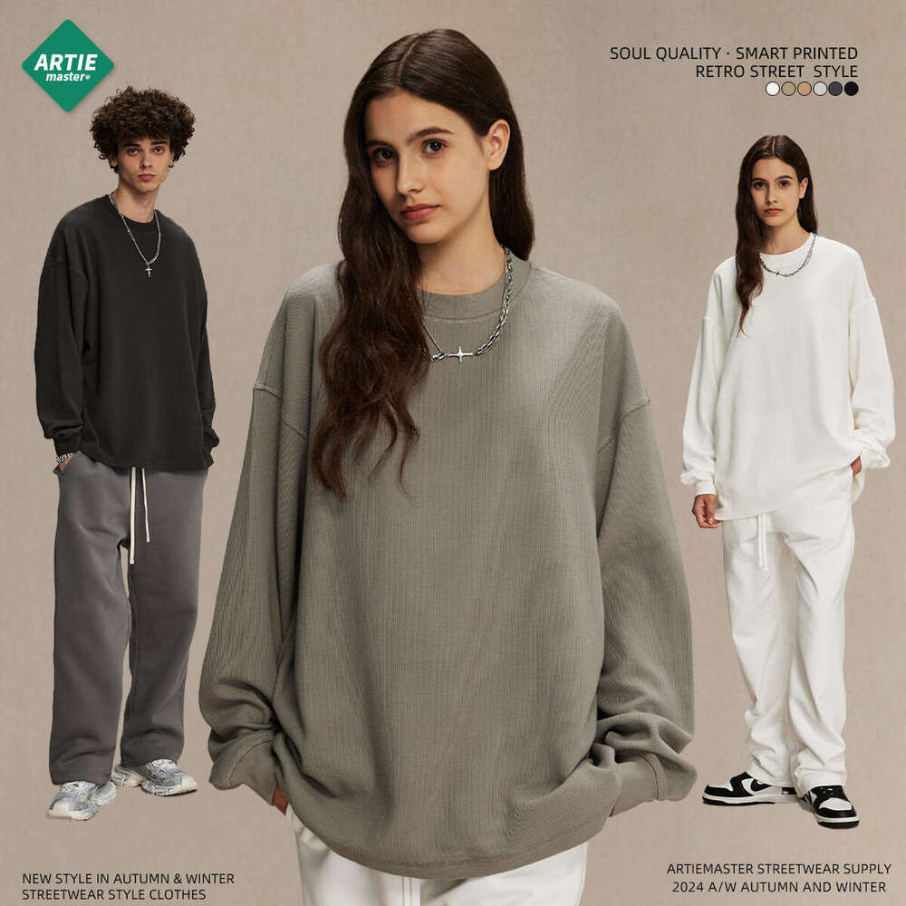 2024 Autumn/Winter New Product Breathable Waffle 330g Round Neck T-shirt Men's American Trendy Brand Loose Casual Long Sleeve T