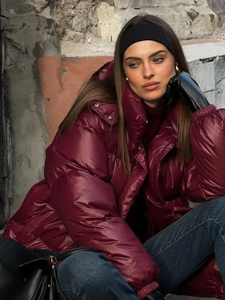 Women Fashion Burgundy Red Hooded Padded Jacket Winter Warm Stand Collar Zipper Breasted Parka 2024 Lady High Streetwear 241210