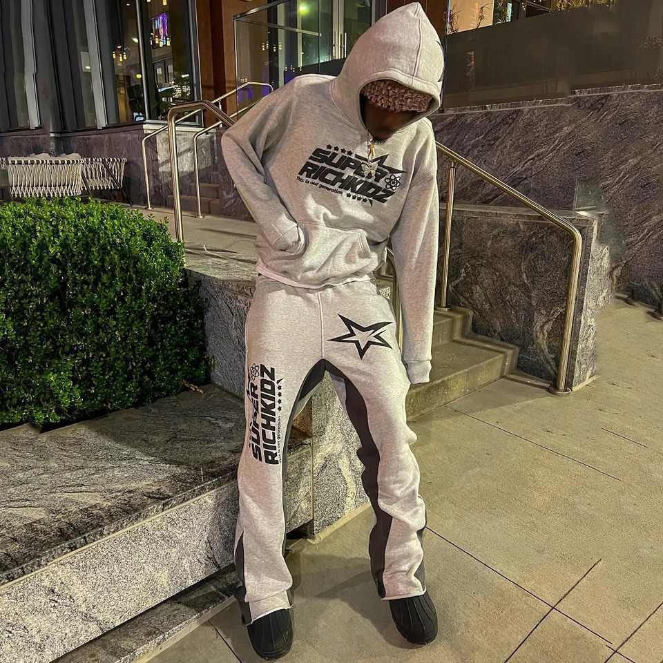 Y2K AutumnWinter Hoodie Suit Flared Trousers Oversized Mens clothing Fashion Trend High Street Pants Casual Sets 241209