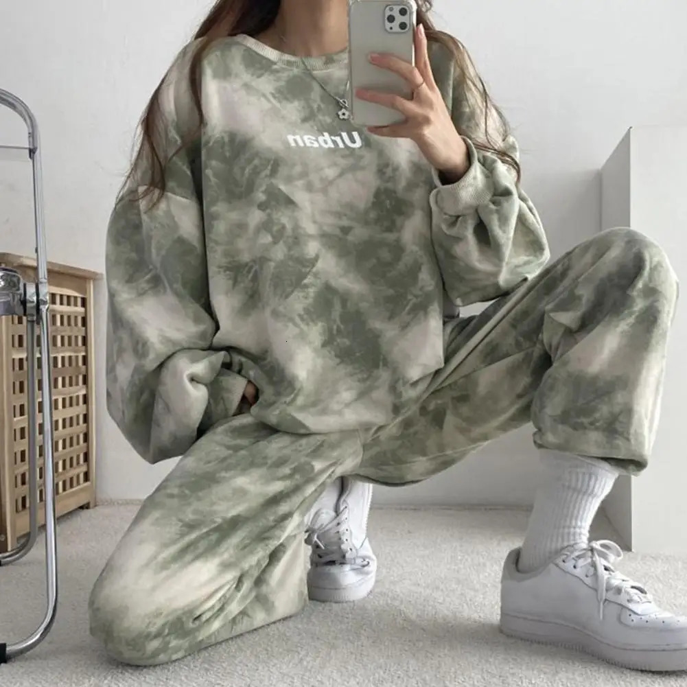 Tiedye Print Outfit Loose Sport Suit Trendy Tie Dye Womens Sportwear Stylish Oneck Pullover Tops for Autumnwinter 241209