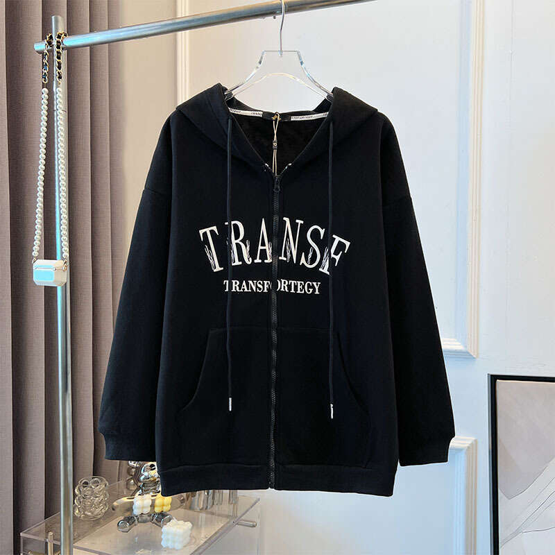 Plus-Size Women's Fall/Winter Casual Commute Loose Comfortable Cotton Jacket Black Letter-Print Zipper Hooded Long-Sleeved Top