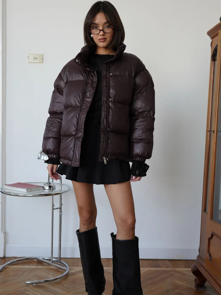 Vintage Brown Winter Women Warm Waterproof cotton Jacket Fashion Full Sleeve Zipper Short Coats Daily Commute Outerwear 241209