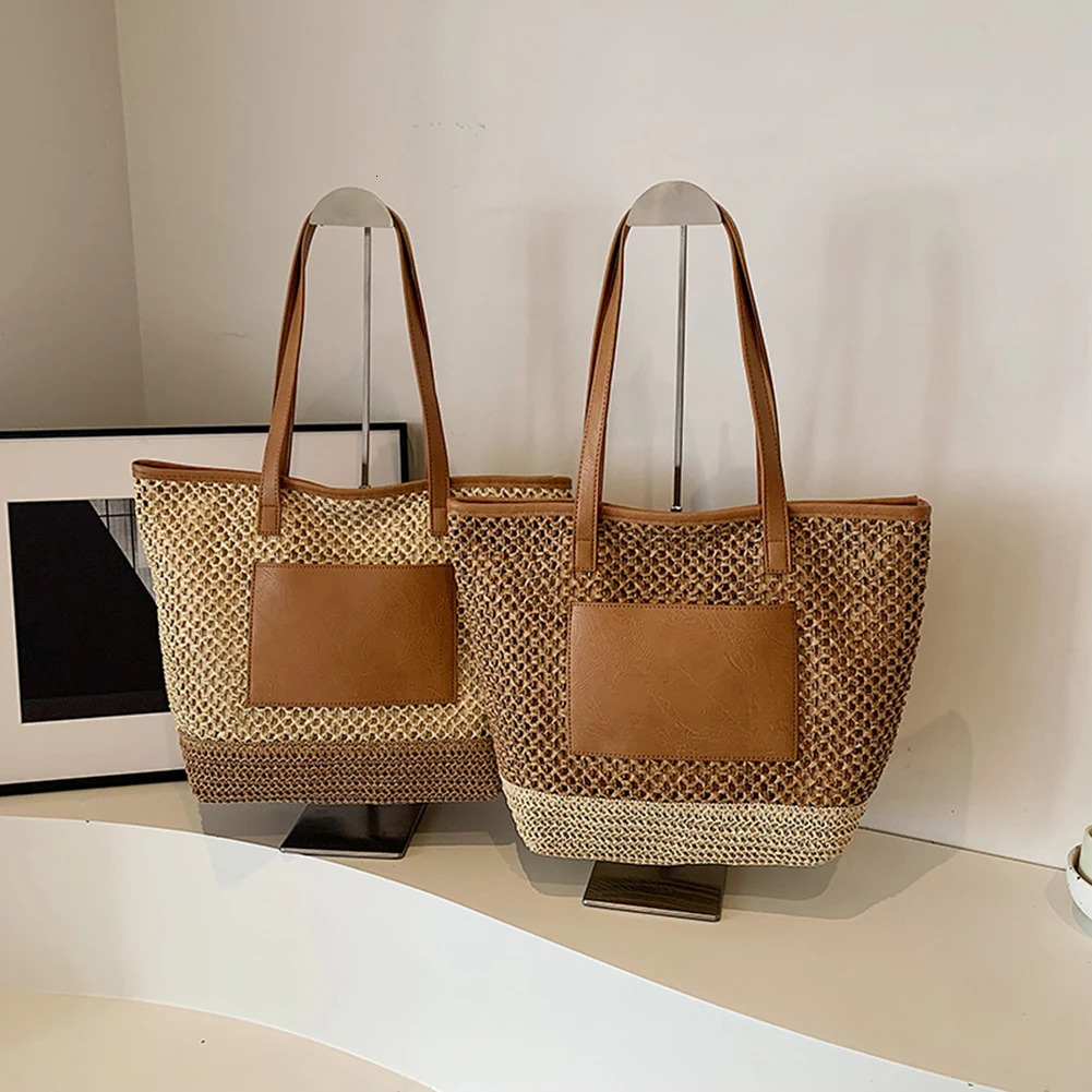 Womens crochet beach handbag PU patch work woven travel bag contrast color simple shoulder bag womens summer bag 241205