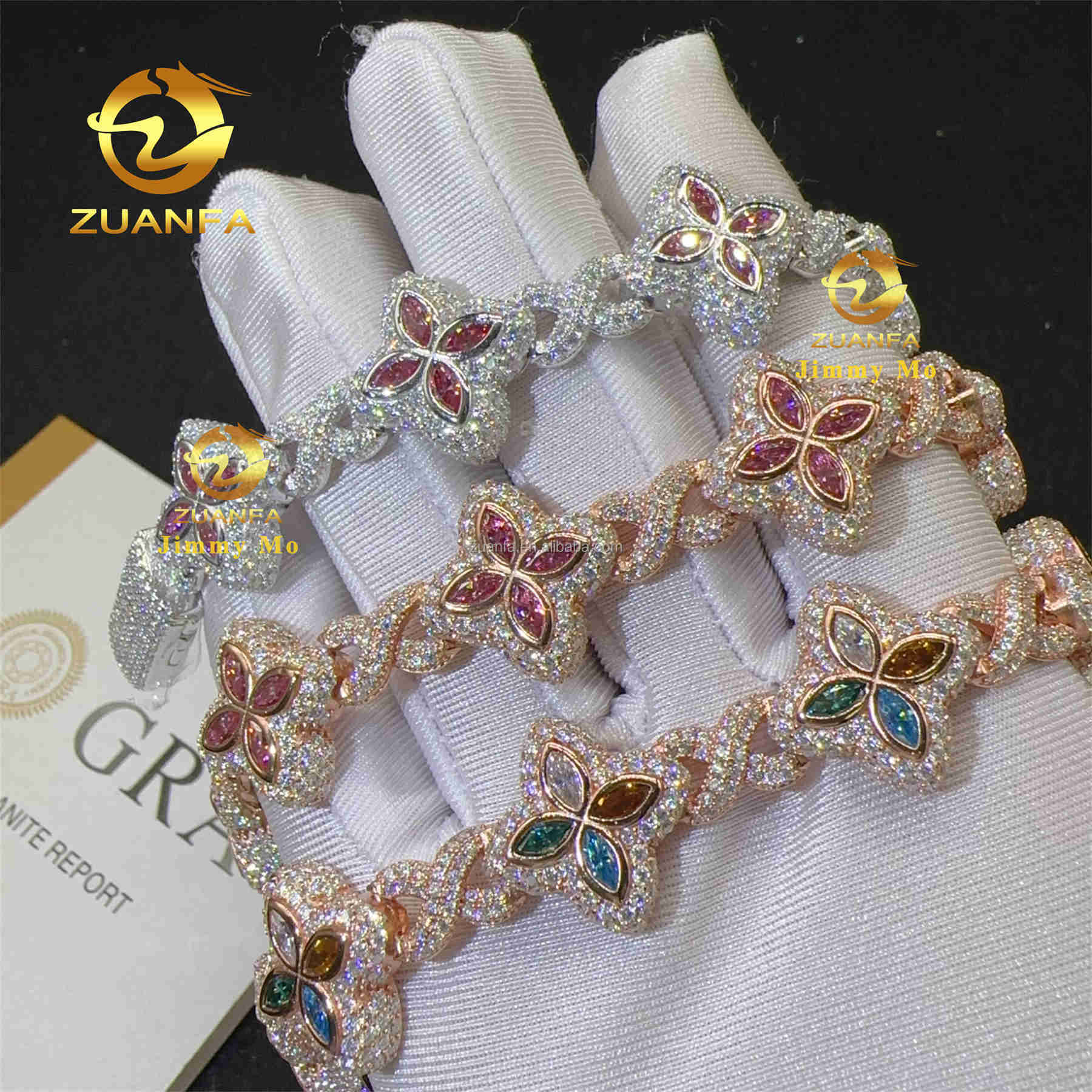 Fashion 18mm 925 Silver Marquise Flower Design Hip hop Jewelry Iced out Moissanite Diamond Infinity Cleef Clover Cuban Bracelet