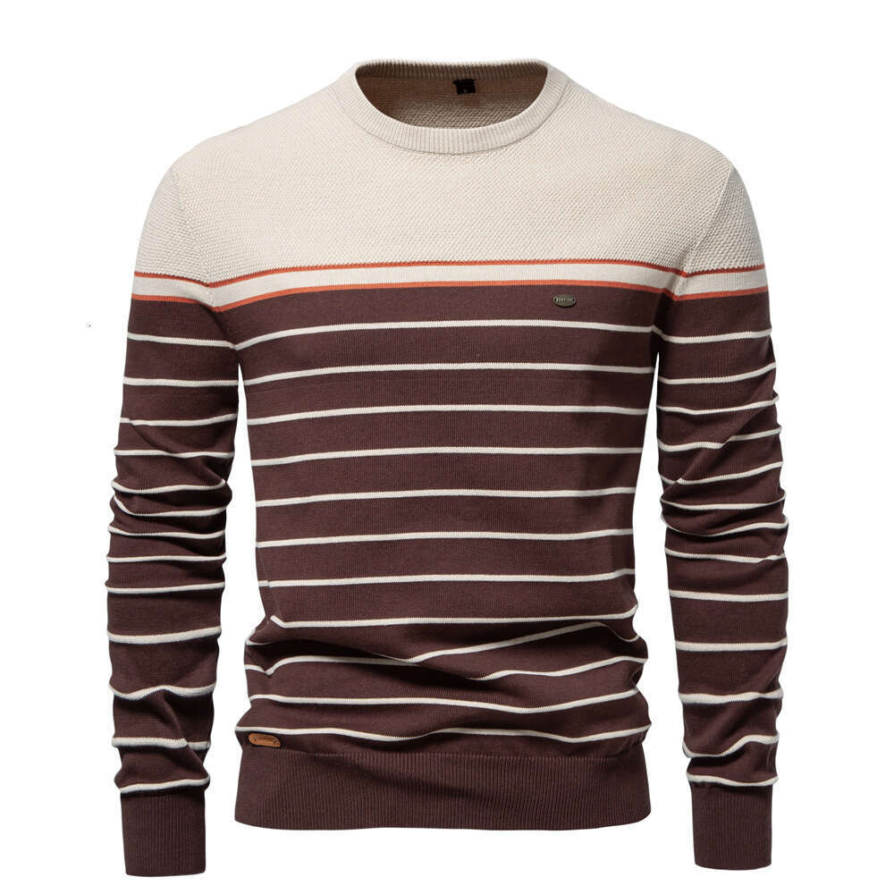 2024 autumn and winter new striped color blocked long sleeved knitted fashionable round neck men's casual sweater
