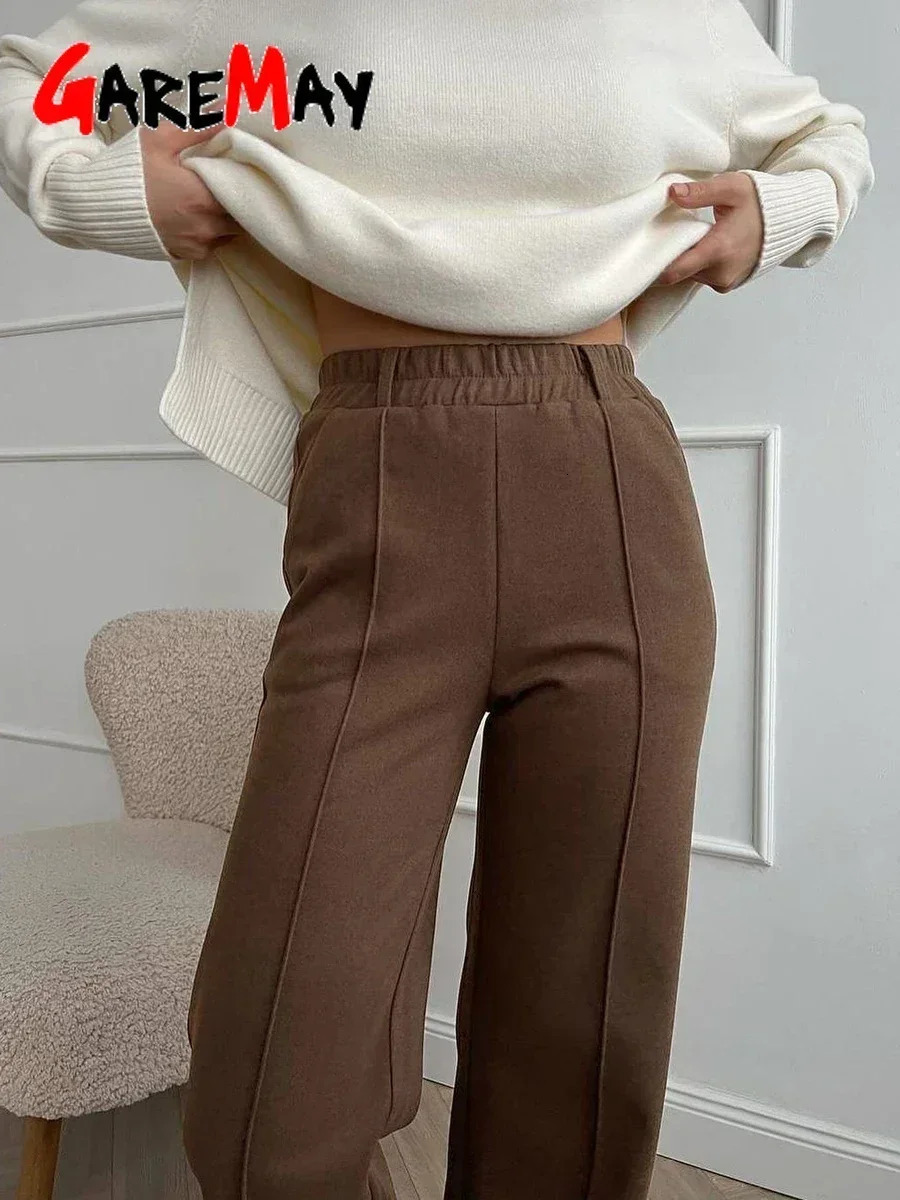 Womens Winter Pants Thick Warm Loose Classic Long Wide Leg Trousers Thermal Brown Beige Wool for Women 2024 241203