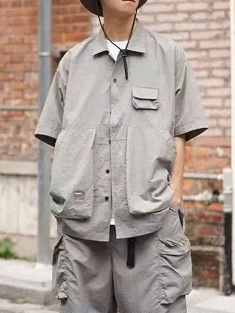 Cityboy Pocket Cargo Shirt Mens 2023 Summer Hunting Style Solid Color Collar Single Chest Short Sleeve Loose 241209