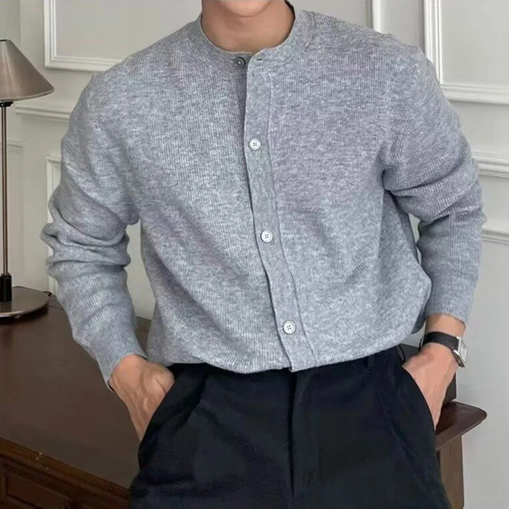 Autumn Winter Mens Simple Sweater Cardigan American Street Fashion Round Neck Zipper Solid Color Warm Knitted Jacket 241202