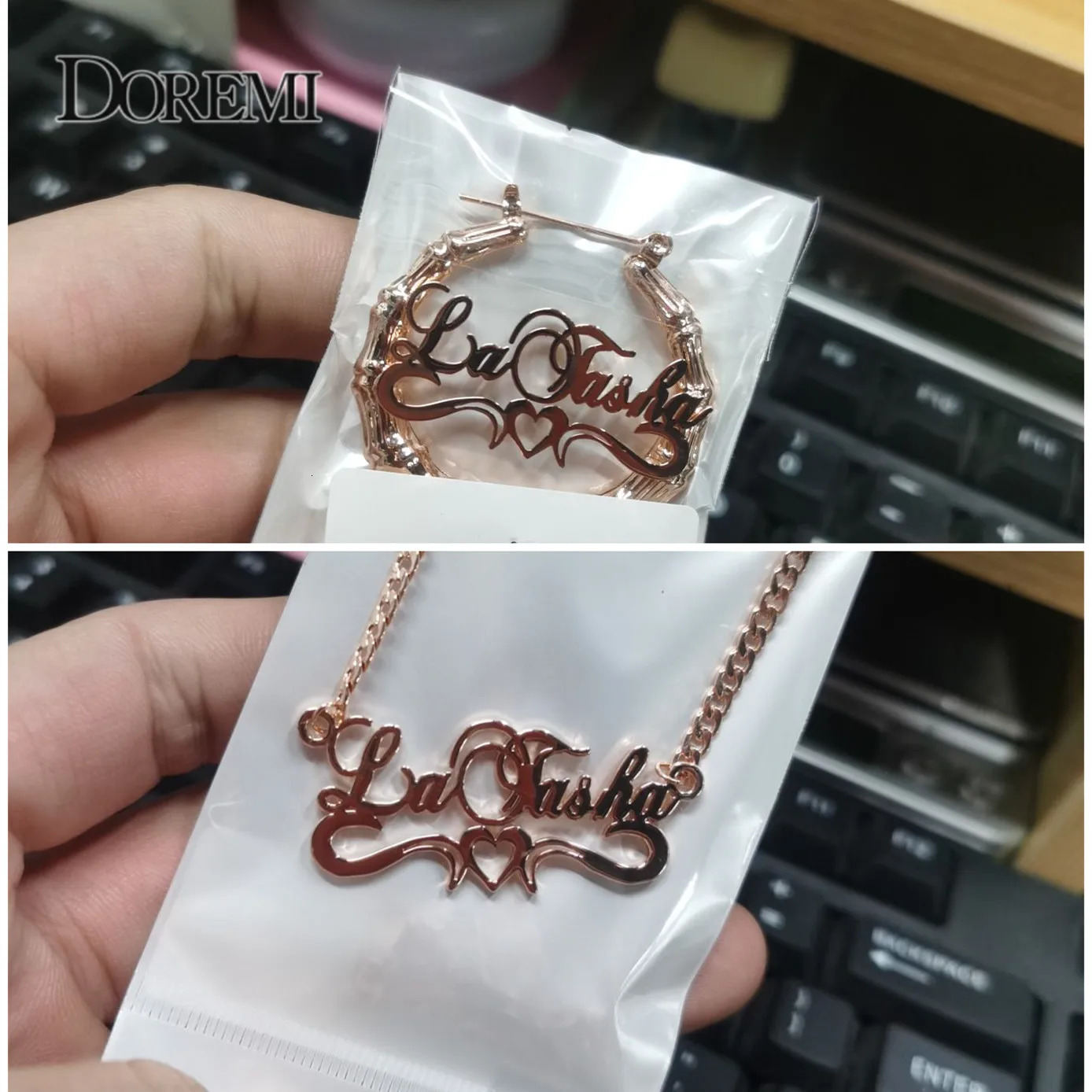Doremi 2-piece Name Earrings and Necklace 3MM Cuban Bamboo Earrings Customized Heart Pendant Personalized Name Earrings 241209
