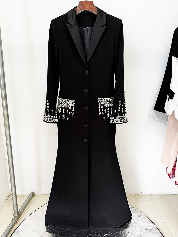 HIGH STREET Newest 2024 Designer Fashion Women's Sleeve Notched Collar Rhie Dias Beading Maxi Long Dress