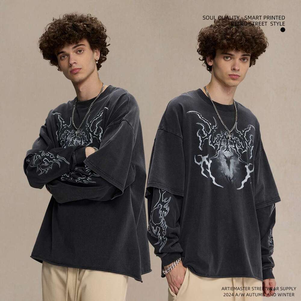2024 Autumn Brand Retro Fake Two Piece Curled Edge Printed Long Sleeve T-shirt for Men Doing Old Stir Fry Snowflake Wash Water Street Trendy T